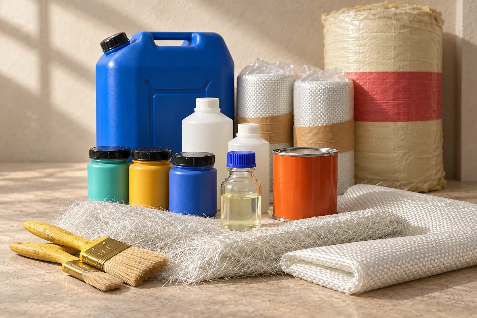 Fibreglass materials, resin containers, pigment jars, insulation and brushes arranged on a pale stone worktop