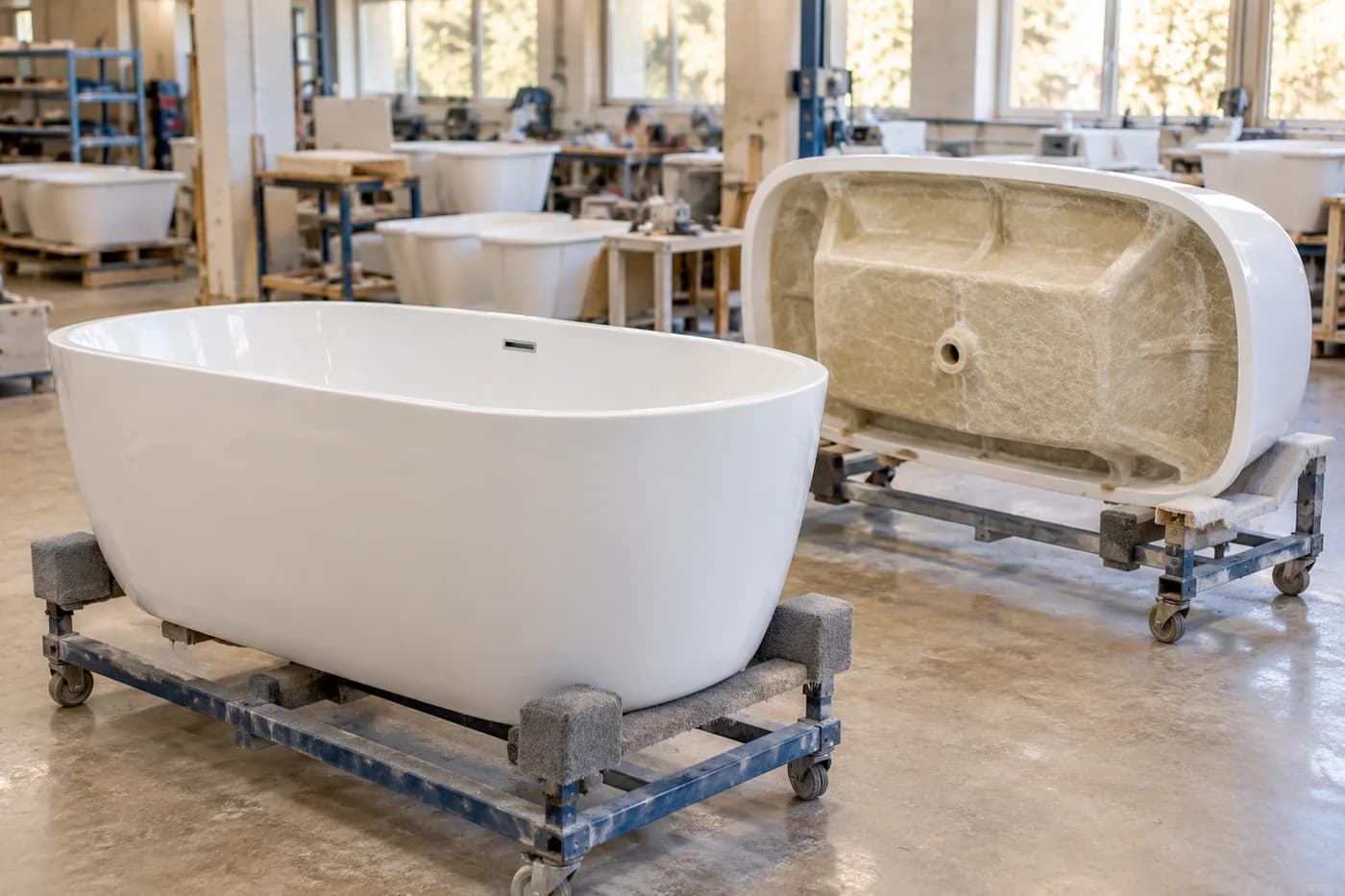 AI illustration of bathtub shells and fibreglass backing in a sanitaryware workshop