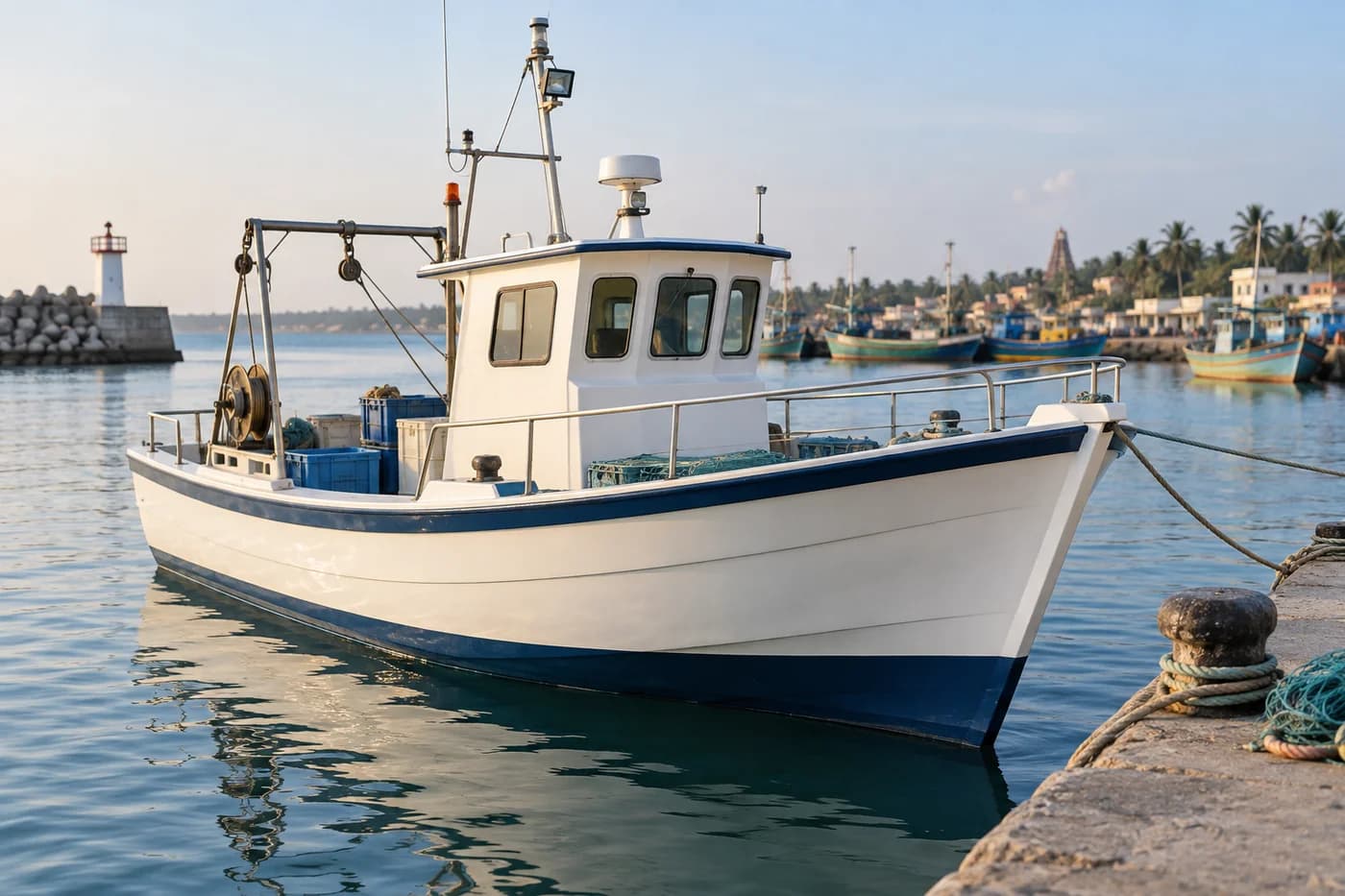 AI illustration of a fibreglass fishing boat moored in a calm harbour