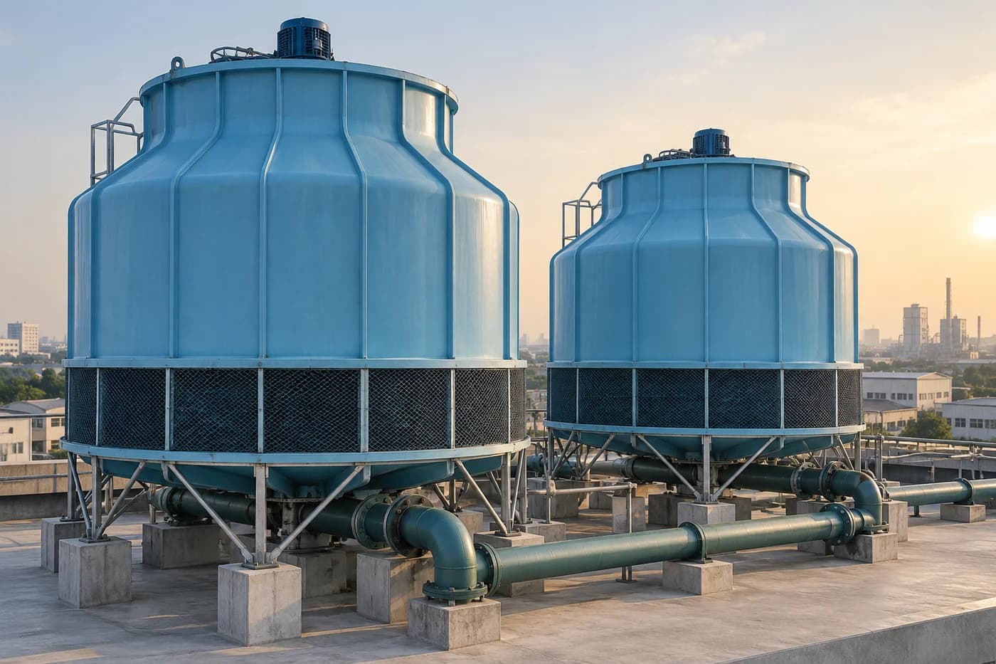 AI illustration of industrial cooling towers with moulded FRP casings