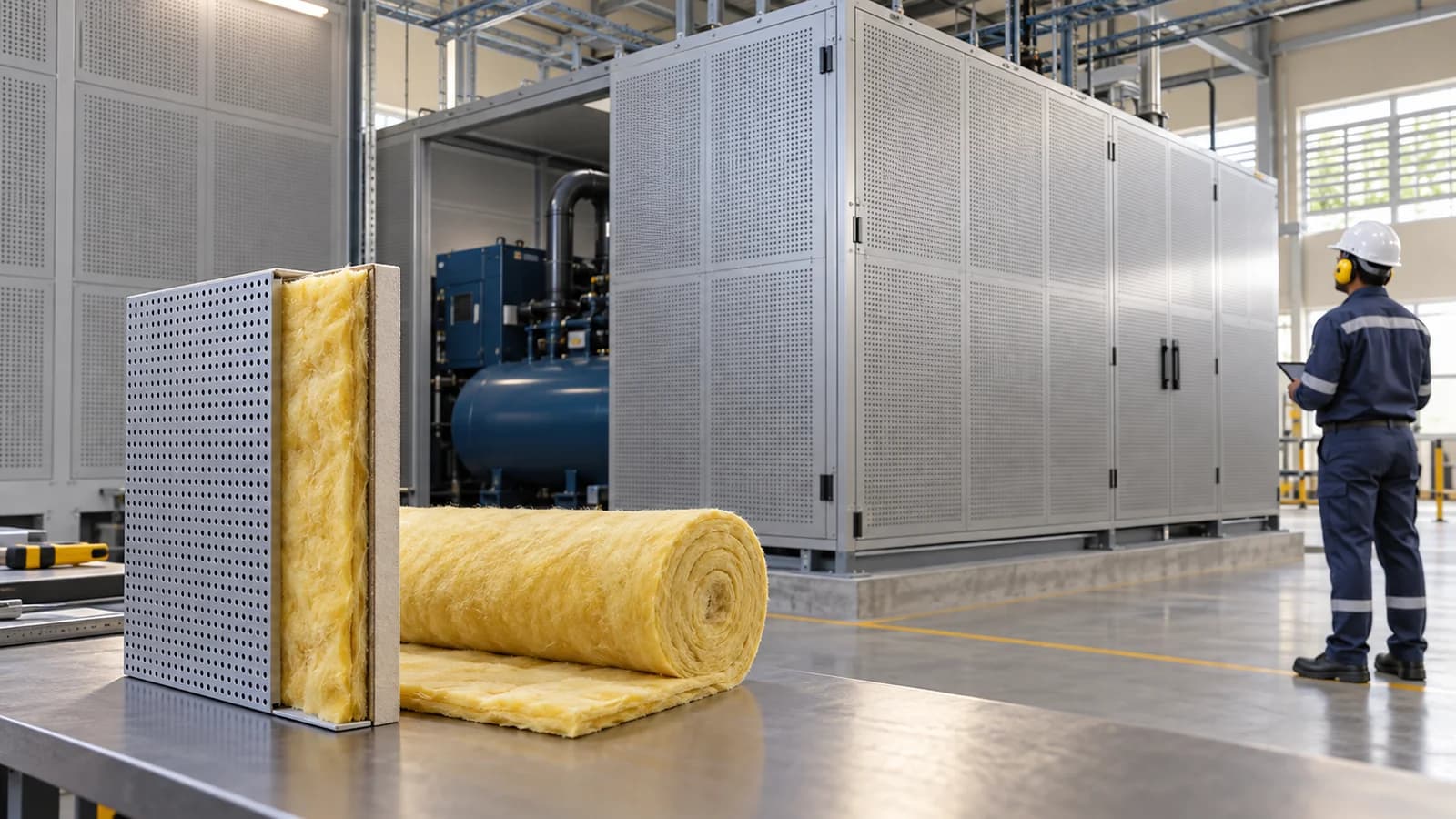 AI illustration of glass wool contained within a professionally finished acoustic assembly