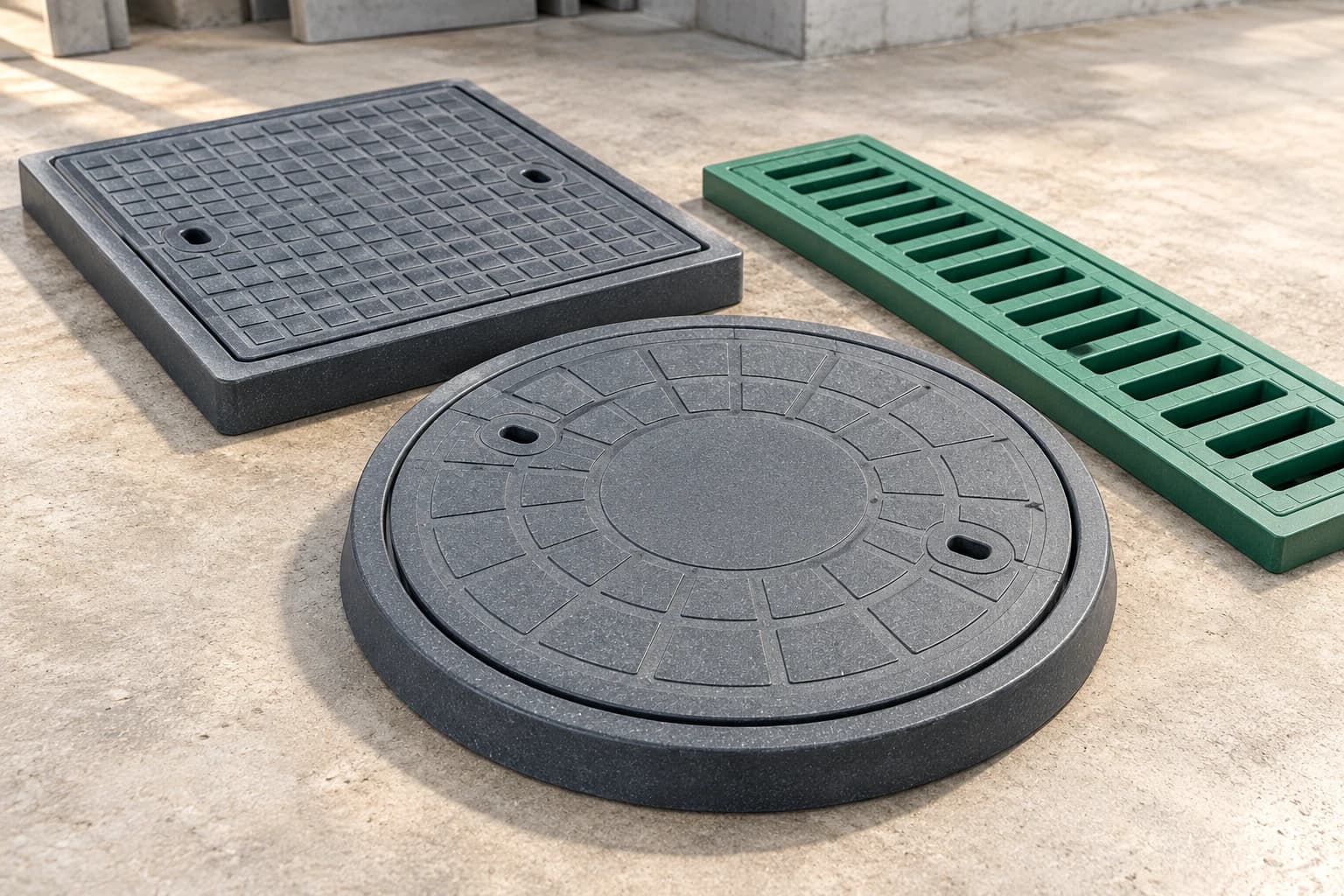 AI illustration of round and square grey FRP access covers in matching frames beside a green drainage grating