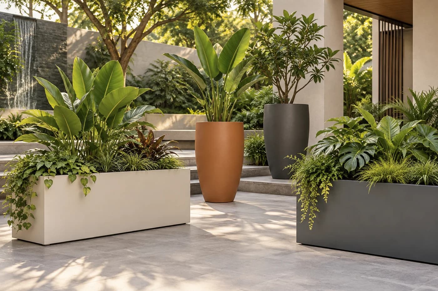 AI illustration of moulded fibreglass planters in a landscaped courtyard