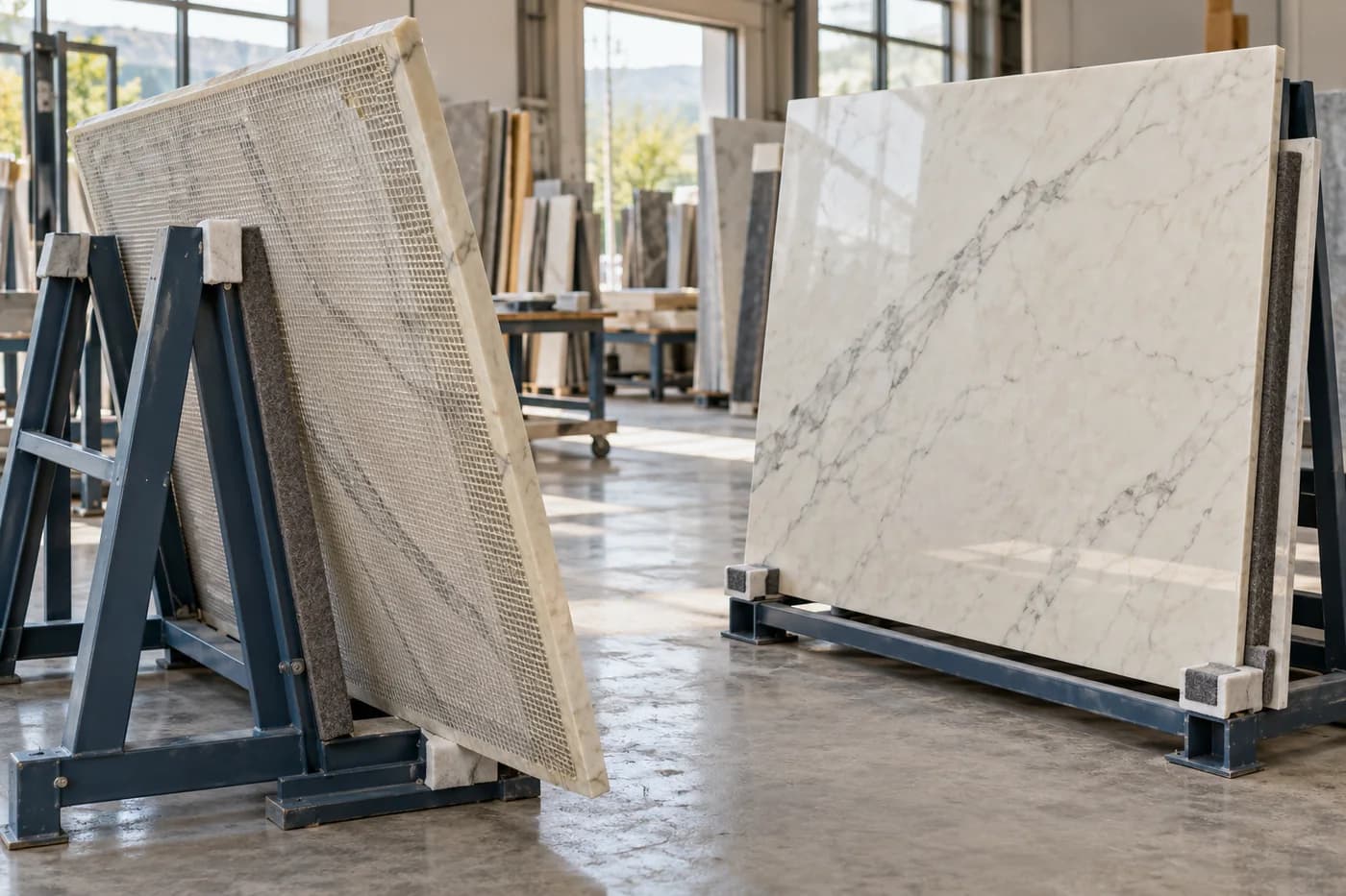 Illustration of natural marble slabs, including a slab with fibreglass mesh backing