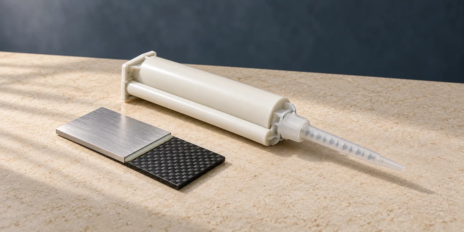 Unbranded two-part adhesive cartridge with a mixing nozzle beside bonded metal and composite samples