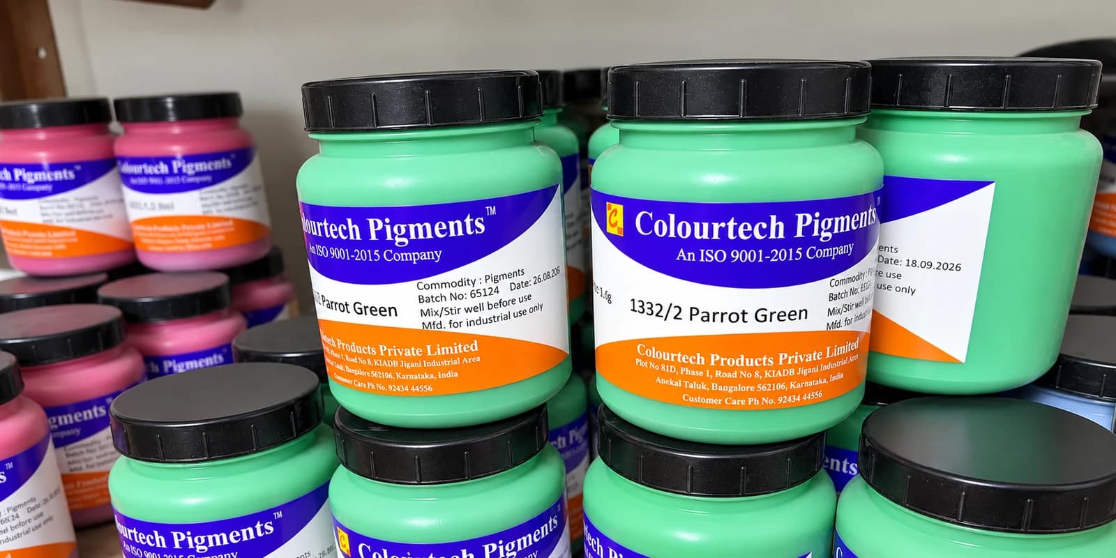 Colourtech pigment jars on the Covai Seenu stock shelf