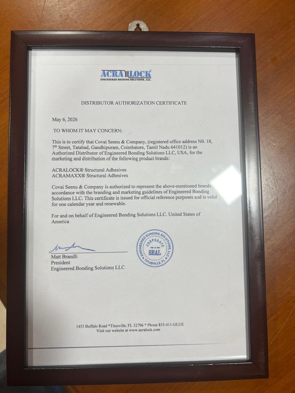 Engineered Bonding Solutions distributor authorisation for Covai Seenu and Company covering Acralock and Acramaxx structural adhesives, dated 6 May 2026