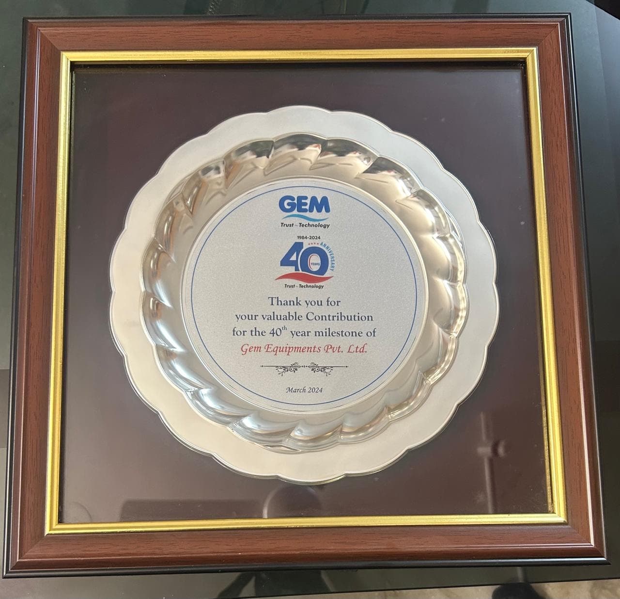 GEM Equipments 40th anniversary appreciation presented to Covai Seenu & Company in March 2024
