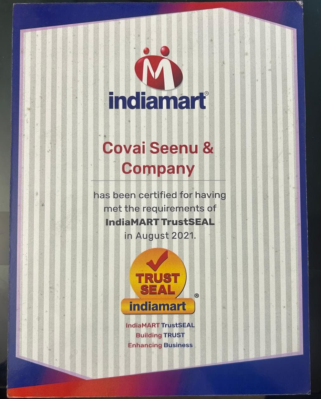IndiaMART TrustSEAL credential issued to Covai Seenu & Company in August 2021