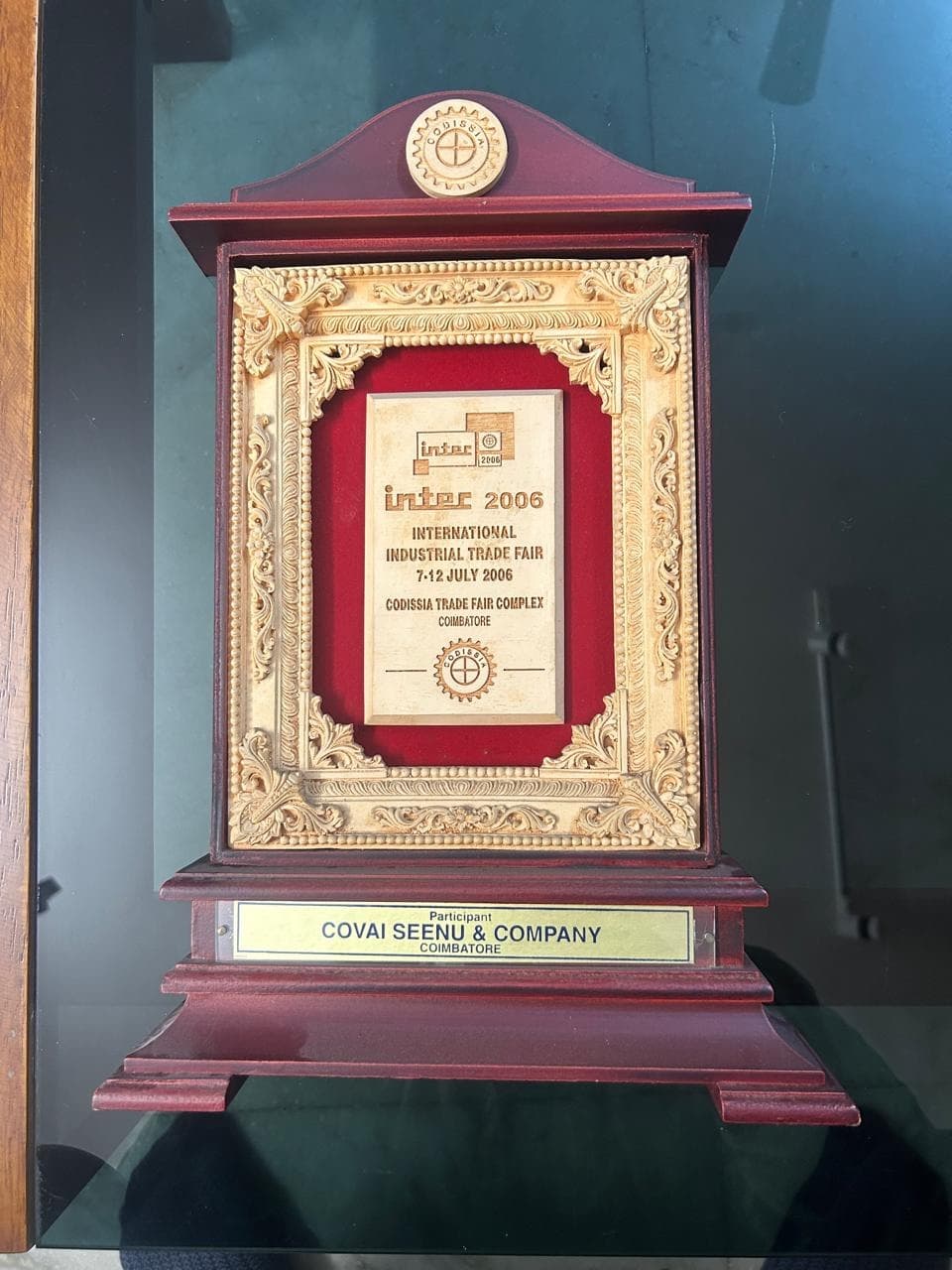 INTEX 2006 International Industrial Trade Fair participant trophy awarded to Covai Seenu & Company