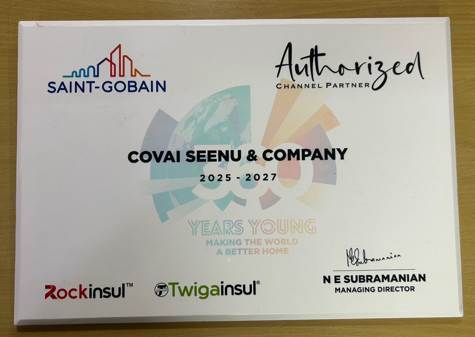 Saint-Gobain authorised channel partner credential for Covai Seenu & Company, valid 2025 to 2027